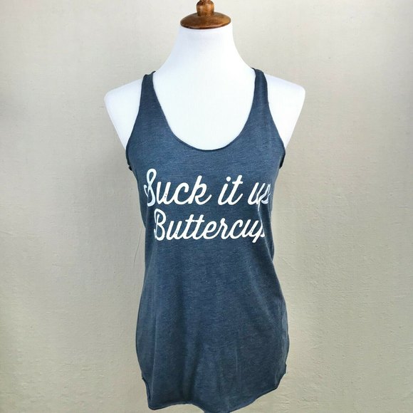 Next Level Women's Medium "Suck It Up Buttercup" Racerback Tank in Indigo/White - Picture 2 of 11